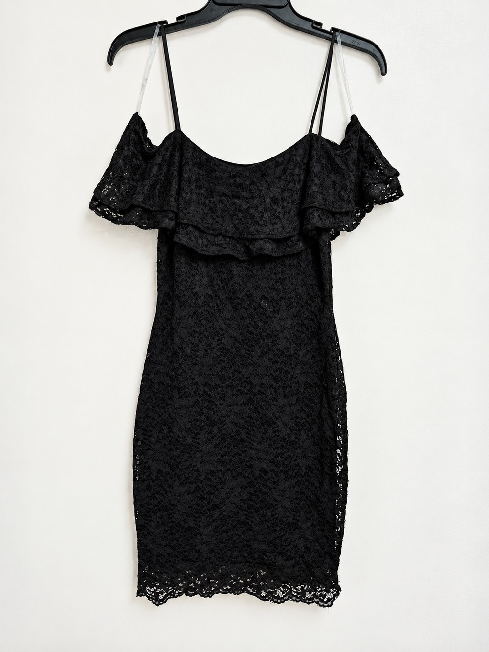 Off-Shoulder Black Lace Mini Dress with Ruffle Overlay